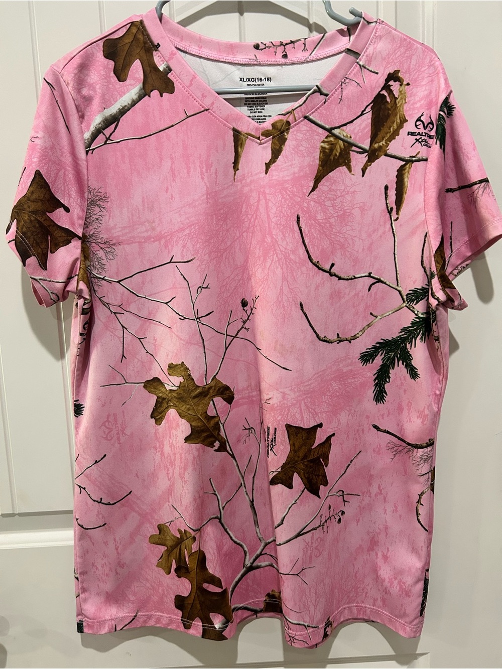 Realtree Pink and Brown Camo V-Neck Lightweight Polyester Tee.
